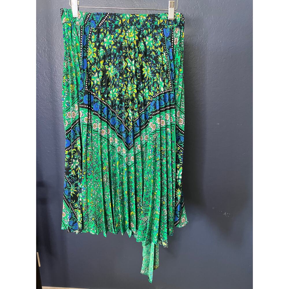 Topshop Green Floral Pleated Asymmetrical Midi Skirt Tie Waist Boho UK 12 US 8 - Picture 3 of 5